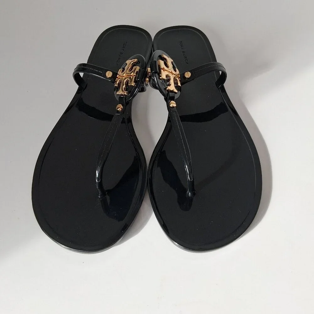 Tory Burch Mini Miller Flat Thong Sandals Color: Perfect Black / Gold Size 10 - Picture 1 of 7